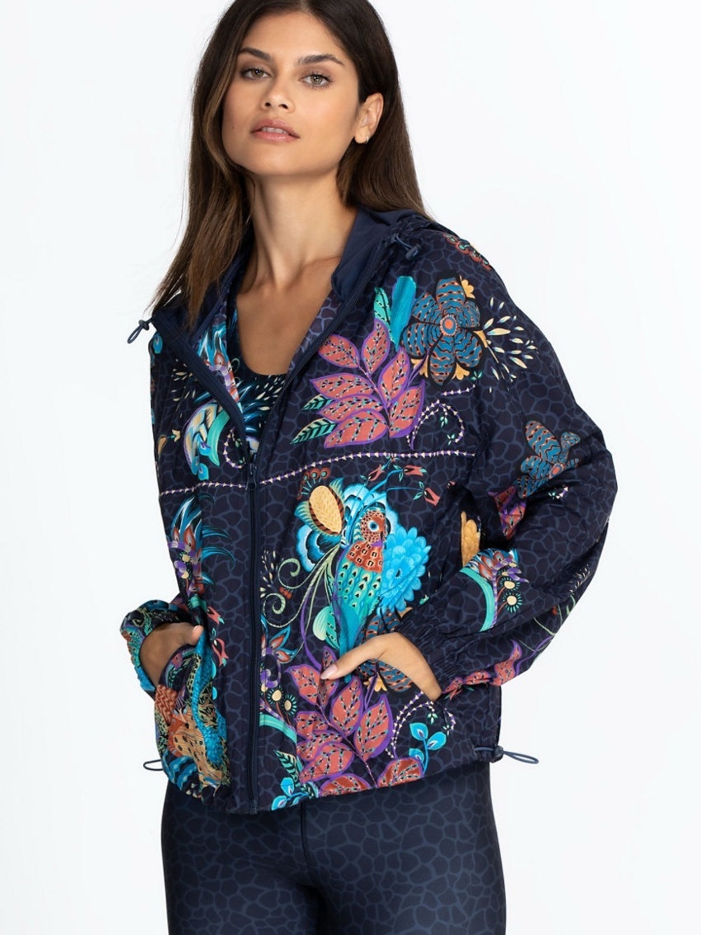 Johnny Was Active Seabrock Windbreaker Jacket Navy Blue Floral Birds Size XS